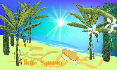 Hand drawn sea scape background with tropical palms, cypress, leaves, flowers, seashell and sun. Hello, summer.