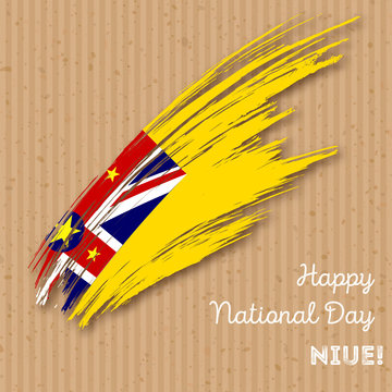 Niue Independence Day Patriotic Design. Expressive Brush Stroke in National Flag Colors on kraft paper background. Happy Independence Day Niue Vector Greeting Card.