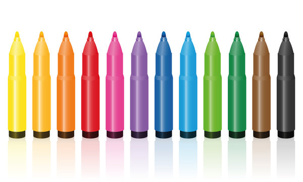 Thick felt tip pens, colorful set, upright standing in a row - isolated vector illustration on white background.