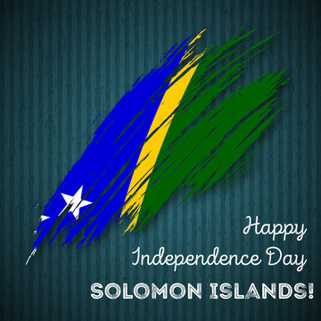 Solomon Islands Independence Day Patriotic Design. Expressive Brush Stroke in National Flag Colors on dark striped background. Happy Independence Day Solomon Islands Vector Greeting Card.