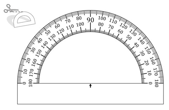 Protractor, paper model to cut out - print it on heavy paper, any page format, the angle measurement functions in each size. Arithmetic unit for mathematics, geometry and architecture.