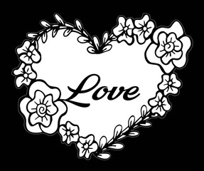 Hand drawn frame flowers heart with love text. Vector illustration