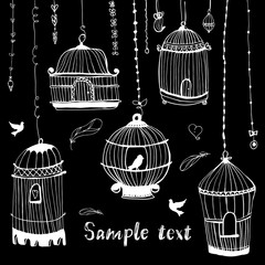 Birdcage print.The bird in the cage. Template greeting card or invitation with heart in birdcage