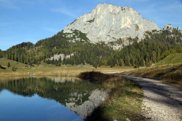 Naklejka na ściany i meble Mountain landscape in the Northern Limestone Alps with lake Brunnsteiner, National park Gosause, Austria