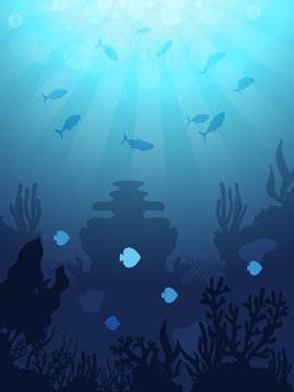 Underwater Marine Life Silhouette with Coral Reef and Fishes.
