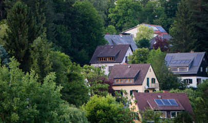 Fototapeta na wymiar Houses on a hill at the edge of the forest