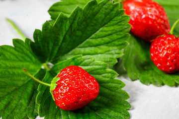 Fresh garden strawberry on stone table. Top view with copy space
