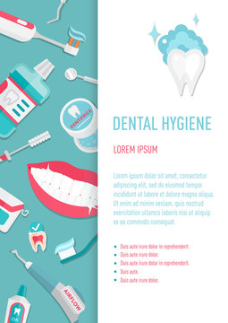 Medical teeth hygiene leaflet and banners template design vector with tools and equipment on blue background. Take care teeth.