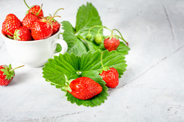 Fresh strawberries in a white porcelain bowl on wooden table in rustic style