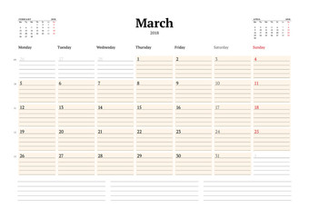 Vector Calendar Planner Template for 2018 Year. March. Stationery Design. Week starts on Monday. 3 Months on the Page. Vector Illustration