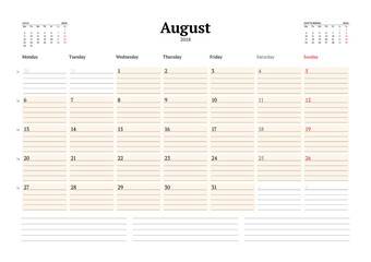 Vector Calendar Planner Template for 2018 Year. August. Stationery Design. Week starts on Monday. 3 Months on the Page. Vector Illustration