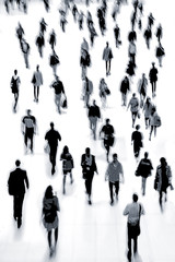 group of people in the lobby business center in monochrome blue tonality