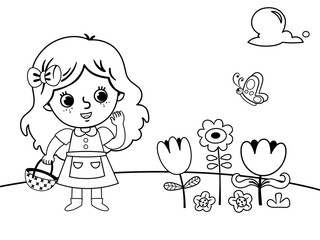 Coloring page in garden concept with a little girl. (Vector illustration)