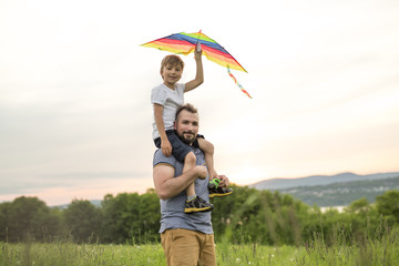 father and child on meadow with a kite in the summer