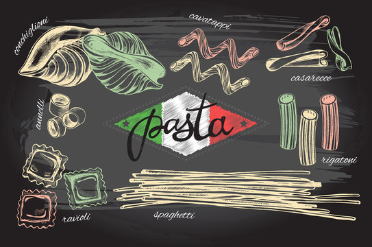 Different types of authentic Italian pasta. Hand drawn set. Vector illustration on the blackboard. Menu or signboard template for restaurant.