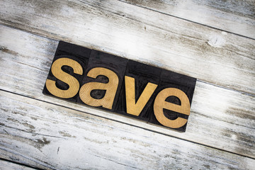 Save Letterpress Word on Wooden Background