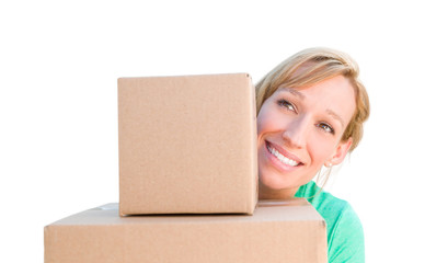 Happy Young Adult Woman Holding Moving Boxes Isolated On A White Background.