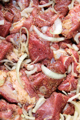 Background of marinated meat with onions and peppers