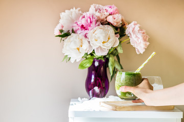 Healthy Green Smoothie and Peonies