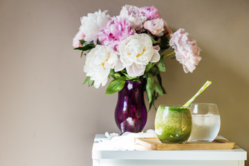 Healthy Green Smoothie and Peonies