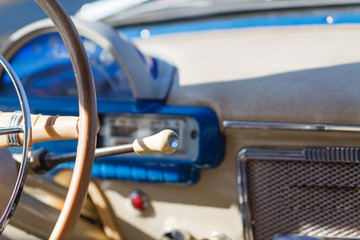 Retro car, retro torpedo car, vintage steering wheel, speedometer