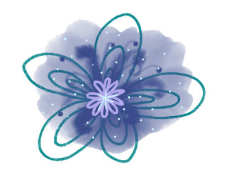 Colorful hand drawn blue flowers on the white background, isolated cartoon illustration painted by oil color and chalk, high quality