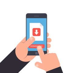 Hand holding and pointing to a smartphone. Download or upload button. Document icon with arrow. Flat illustration isolated on white background.