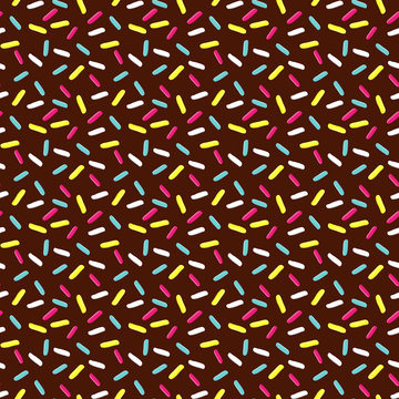 Donut's glaze seamless pattern with sprinkles, chocolate background, texture. Vector illustration.