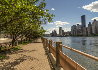 East River and East Side  Manhattan Skyline from Roosevelt Island Walkway