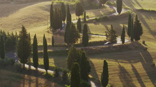 Wide high angle shot of cars approaching on rural road. Pienza, Tuscany, Italy