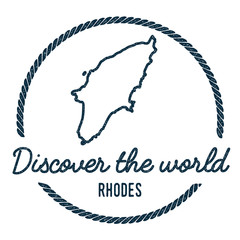 Rhodes Map Outline. Vintage Discover the World Rubber Stamp with Island Map. Hipster Style Nautical Insignia, with Round Rope Border. Travel Vector Illustration.