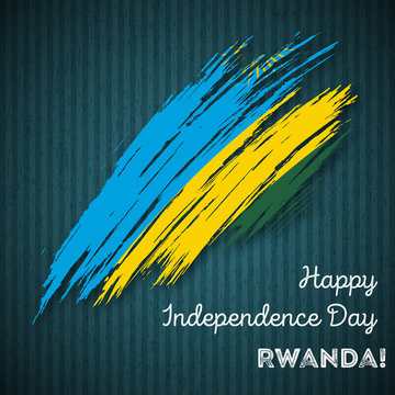 Rwanda Independence Day Patriotic Design. Expressive Brush Stroke in National Flag Colors on dark striped background. Happy Independence Day Rwanda Vector Greeting Card.