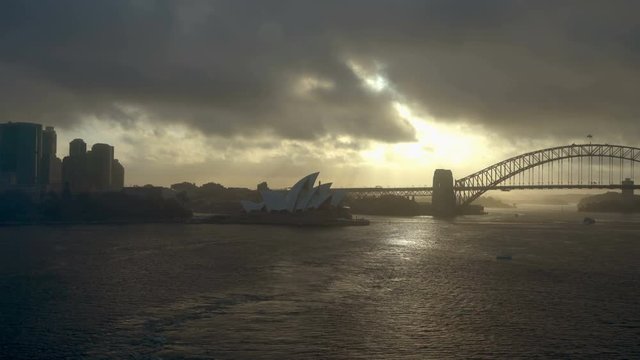 4k aerial moving shot of Sydney Opera House and Harbour Bridge