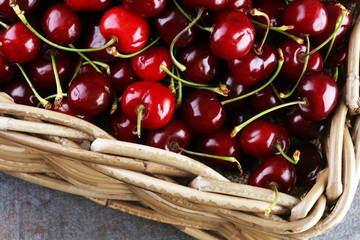 Cherry basket / Sweet cherry background/ cherry with leaf