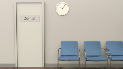 Waiting room at dentist office. Medical practice concept. 3D rendering