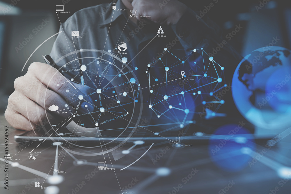 Aufkleber businessman hand working with modern digital tablet computer in modern office with virtual icon diag