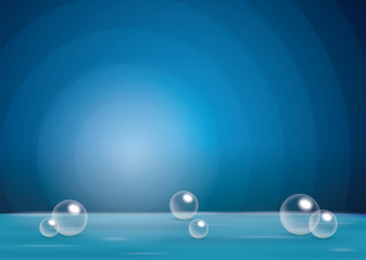 Blue radial background for cosmetic ads and concepts. Transparent bubbles, sphere ball, water sea or ocean. Vector illustration.