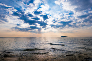 Naklejka na ściany i meble Sunrise, sea, landscape. Okinawa, Japan, Asia.