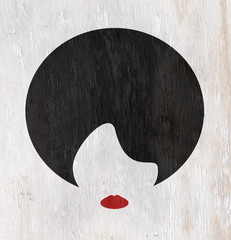 Obrazy na Szkle  kobieta z roand fryzurą i szminką na fakturze słojów drewna