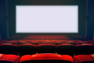 Empty movie cinema with blank white screen - obrazy, fototapety, plakaty