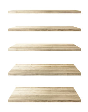 Collection of wooden shelves on an isolated white background, Objects with Clipping Paths for design work