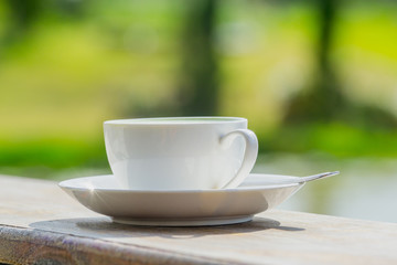Green tea, milk, hot on wood near the pond.