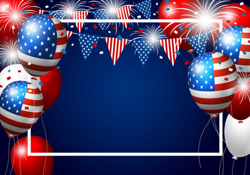 Vector USA balloon design of american flag with firework on blue background for 4 july independence day or other celebration