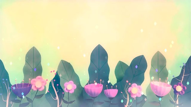 Looped beautiful spring flower garden motion graphics. Pink and purple flowers, green leaves, sparkling diamond shape objects and glowing fireflies. 3d rendering.