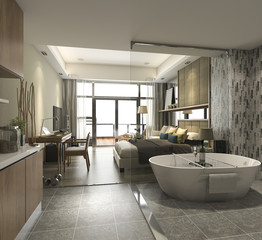 3d rendering luxury suite hotel bedroom with bathtub and counter bar
