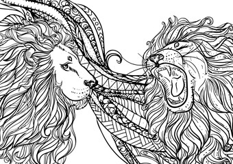 Hand drawn vector illustration of doodle lion with open mouth. sketch. design for adults, poster, print, t-shirt, flyers. vector eps 8. © alexandrakuz