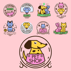Pet badge vector graphic sticker set domestic insignia cat dog veterinary animal sticker illustration