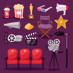 Cinema movie making TV show equipment tools symbols icons vector set illustration.