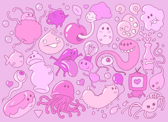 Abstarct funny cartoon doodle illustration with  different fantasy creatures
