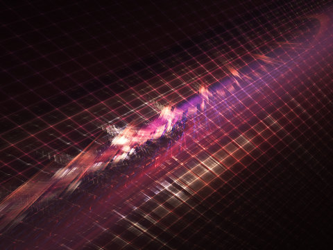 Abstract background element. Fractal graphics.Glitched 3d perspective grid. Black, red and violet colors.